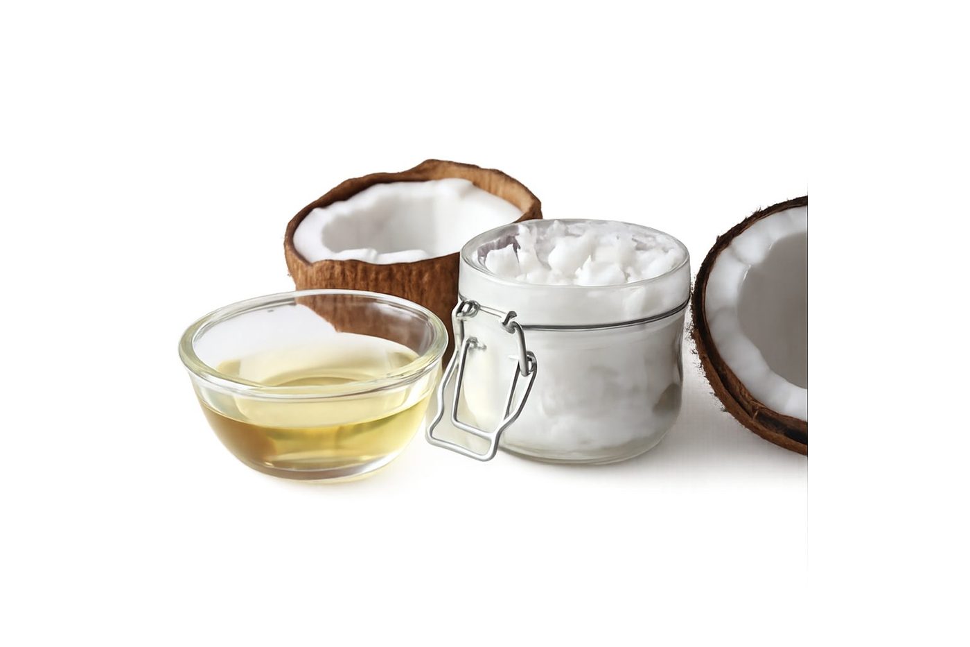 RBD refined coconut oil beside fresh coconut